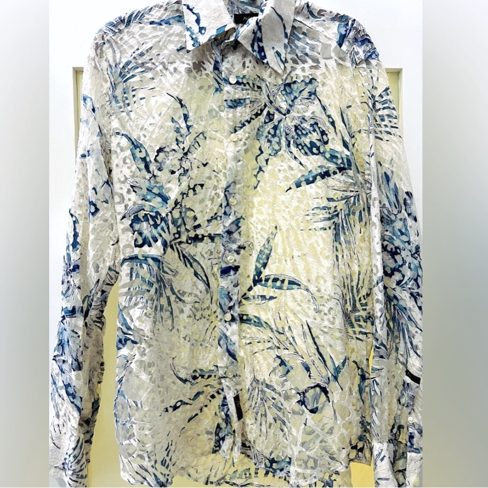 AVVA Blue and White  SEMI SHEER Mens Button Up Long Sleeve Shirt Size L